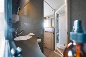 bagno con lavandino e specchio di B-Happy - Deine Wohnmobilvermietung a Parey