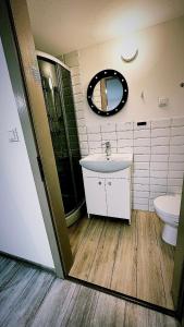 a bathroom with a sink and a toilet and a mirror at Apartamenty Retro in Dąbrowa Górnicza