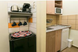 a small kitchen with a black refrigerator and a sink at The Best Mondain Apartment Budapest in Budapest