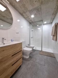 uma casa de banho com um WC, um lavatório e um chuveiro em Loft Filipinas Vibes Coruña em La Coruña