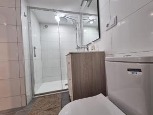 uma casa de banho com um chuveiro, um WC e um lavatório. em Loft Filipinas Vibes Coruña em La Coruña