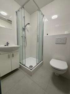 uma casa de banho com um chuveiro, um WC e um lavatório. em Apartmány Plzeň Rolnické náměstí 8 em Plzeň