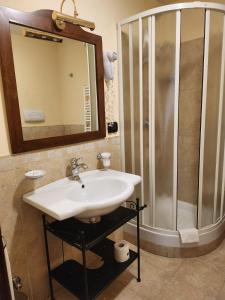 La salle de bains est pourvue d'un lavabo et d'une douche. dans l'établissement Dimora della via Appia PRETORIA, à Potenza