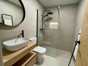 een badkamer met een wastafel en een douche met een spiegel bij Suite El Geranio in Córdoba