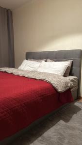 1 cama con manta roja y almohadas blancas en Mammaste Apartment, en Mammaste