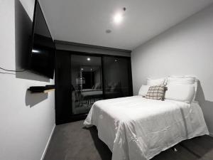 1 dormitorio con 1 cama y TV de pantalla plana en Luxe Apartment, en Belconnen