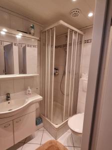 ein Bad mit einer Dusche, einem Waschbecken und einem WC in der Unterkunft Haus Meeresblick Whg Nr 83 in Kellenhusen