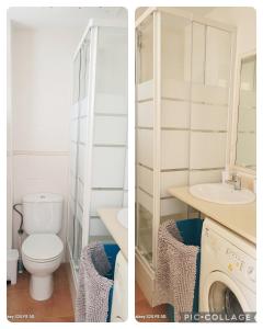 薩洛的住宿－Colóm vacaciones felices，浴室配有卫生间水槽和洗衣机。