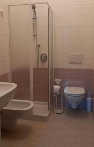 ein Bad mit einer Dusche, einem WC und einem Waschbecken in der Unterkunft A casa di Rebecca in 