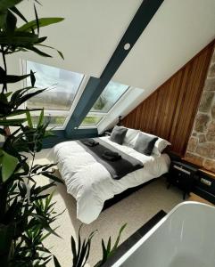 蘭登尼奧冷的住宿－Plas Coch Luxury Barn，一间卧室设有一张床和一个大窗户