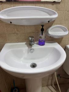 a white sink with a bottle of soap on it at Studio for rent in Ajman 