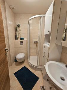 uma casa de banho com um chuveiro, um WC e um lavatório. em AGAPE Apartment em Podgorica