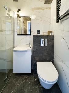 a bathroom with a white toilet and a sink at Apartamenty Przystań No. 18 Gdańsk in Gdańsk