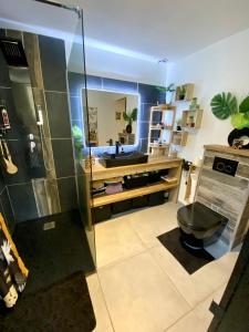 a bathroom with a sink and a mirror at VILLA haut de gamme 6-8p, 3 ch, 3 sdb, piscine et superbe jardin clos in Saint-Sernin