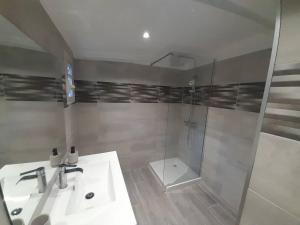 a bathroom with a sink and a shower at T4 à 3mn à pied du lagon in Saint-Leu +4 photos