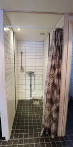 y baño con ducha y cortina de ducha. en Semesterhus med spabad & bastu en Söderköping