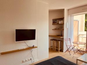 a living room with a flat screen tv on a wall at Studio idéalement situé in Arcachon