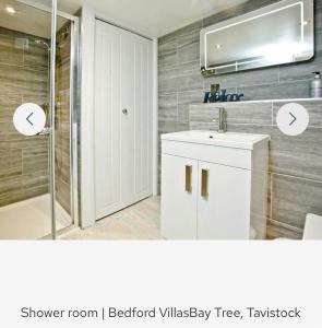 een badkamer met een douche, een wastafel en een spiegel bij Bay Tree in Tavistock