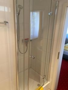 a shower with a glass door in a bathroom at Gästehaus Niki in Tauberbischofsheim