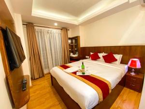 a hotel room with a large bed and a television at Hotel Abi International in Kathmandu