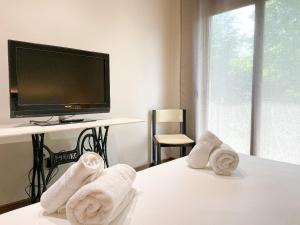 een hotelkamer met handdoeken op een bed en een televisie bij Can Baseia - amb jardí i accés privat a La Fageda in Santa Pau