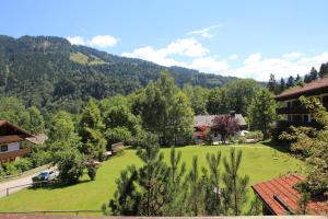 a view of a green park with mountains in the background at Ferienwohnung Mattenklotz in Sachrang