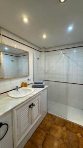 a bathroom with a sink and a shower and a mirror at BuenaVista Torviscas Beach in Adeje