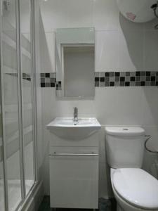 La salle de bains blanche est pourvue de toilettes et d'un lavabo. dans l'établissement Apartamentos EconoStay Barbieri 1, à Madrid