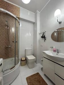 La salle de bains est pourvue de toilettes, d'un lavabo et d'une douche. dans l'établissement AURA on Ryskulov street 30, à Bishkek