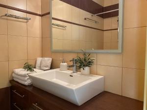 a bathroom with a white sink and a mirror at Aegina Sea View Villa in Aegenitissa
