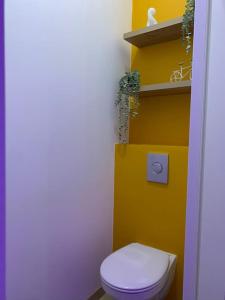 a bathroom with a white toilet and a yellow wall at Appartement Spa - NAHLEO Scandinave in Dole