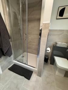 a bathroom with a shower and a toilet at Ashvale, Cambridge in Chesterton