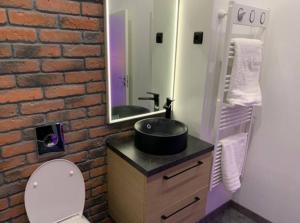 La salle de bains est pourvue d'un lavabo et d'un mur en briques. dans l'établissement Appartement Spa - NAHLEO Industriel, à Dole