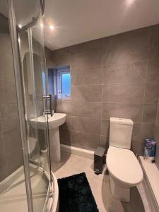 a bathroom with a toilet and a shower and a sink at Ivy Cottage in Prestatyn
