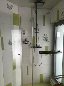 y baño con ducha y azulejos verdes y blancos. en Schöner Wohnen am Störmthaler & Markkleeberger See, en Großpösna