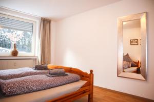 1 dormitorio con cama, espejo y ventana en Appartement Sels en Winterberg