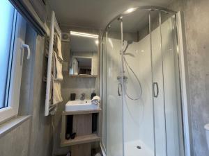 W łazience znajduje się prysznic i umywalka. w obiekcie Holiday Home Tinyhaus am See by Interhome w mieście Wemding