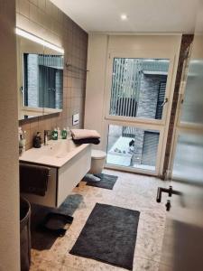 a bathroom with a sink and a toilet and a window at Wohnung am Zürichsee mit Seeblick und Parkplatz in Horgen