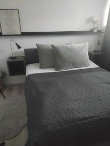 1 dormitorio con 1 cama grande y 2 almohadas en Home Apartman, en Nagyesztergár