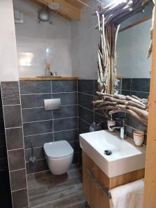 La salle de bains est pourvue d'un lavabo blanc et de toilettes. dans l'établissement Le Chalet des 3 Ours, à Neuvecelle