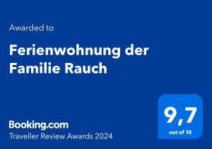 Certifikát, ocenenie alebo iný dokument vystavený v ubytovaní Ferienwohnung der Familie Rauch