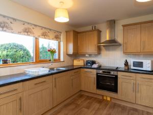 a kitchen with wooden cabinets and a sink and a window at Villa Craigmore Lodge by Interhome in Aviemore
