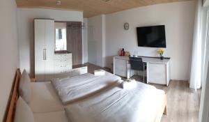 Schlafzimmer mit einem Bett, einem Schreibtisch und einem TV in der Unterkunft Ferienwohnung und Pension Antje Ekert in Uhldingen-Mühlhofen