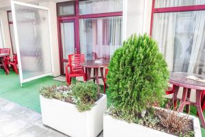 a patio with tables and chairs and plants at Hotel Acropolis in Varna City