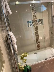 a shower with a glass door in a bathroom at The DeerView Lodge in Cardiff