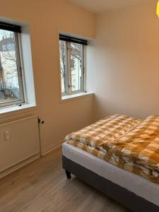 1 dormitorio con 1 cama y 2 ventanas en Højbanetorvet11, en Vejle