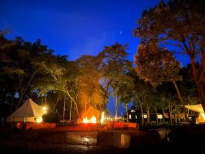 真鶴にあるCOUSCOUS Glamping Manazuruの夜の公園内のテントと火