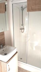a bathroom with a shower and a sink at Suki - up to 6 berth cabin, new. in Tain