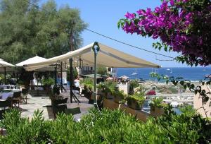 un patio avec des tables et des parasols et l'océan dans l'établissement Hotel-Restaurant Le Vieux Moulin, à Centuri