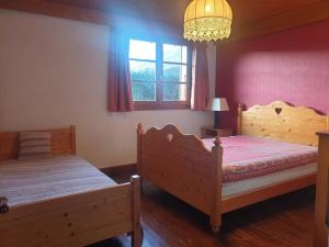 een slaapkamer met 2 bedden en een kroonluchter bij Appartement Samoëns, 2 pièces, 5 personnes - FR-1-624-45 in Samoëns
